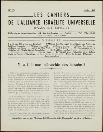 Les Cahiers de l'Alliance Israélite Universelle (Paix et Droit).  N°35 (01 juil. 1949)